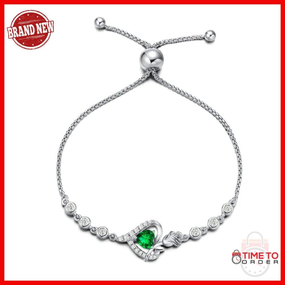 Sterling Silver Tennis Bracelet with Heart Pendant Adjustable 9.6"